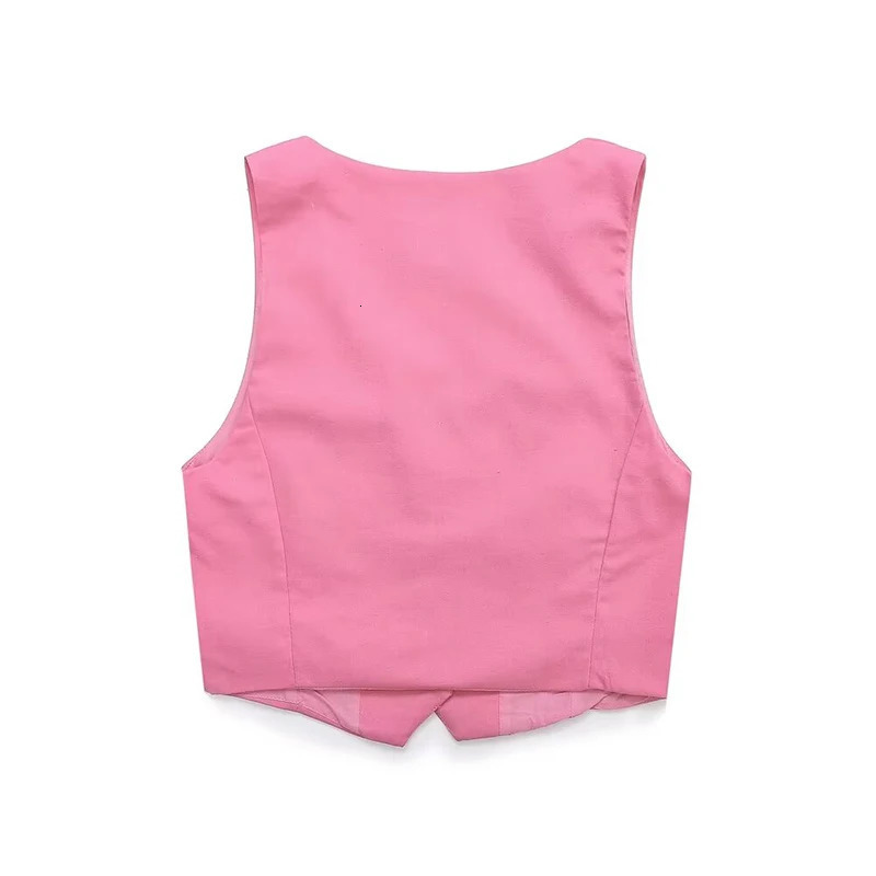 YENKYE Women Pink Side Slit Vest Sleeveless V Neck Single Breasted Female Summer Crop Top High Street 250805