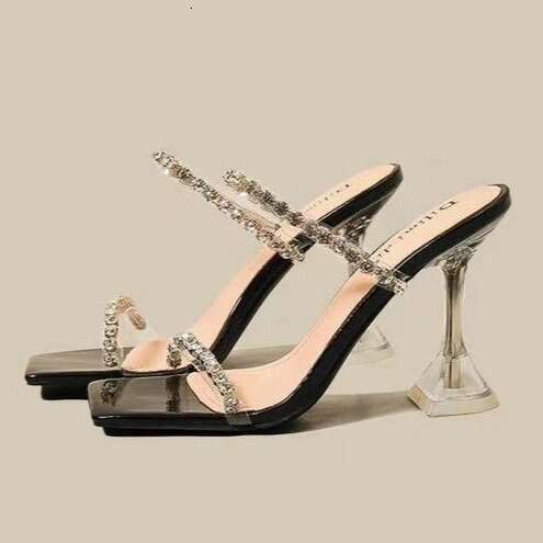 Summer 2025 New Style Rhinestone One-Strap Designer shoe Sandals Women, Thin Transparent Stunning Silver High Heel Slippers Designer for Women ,
