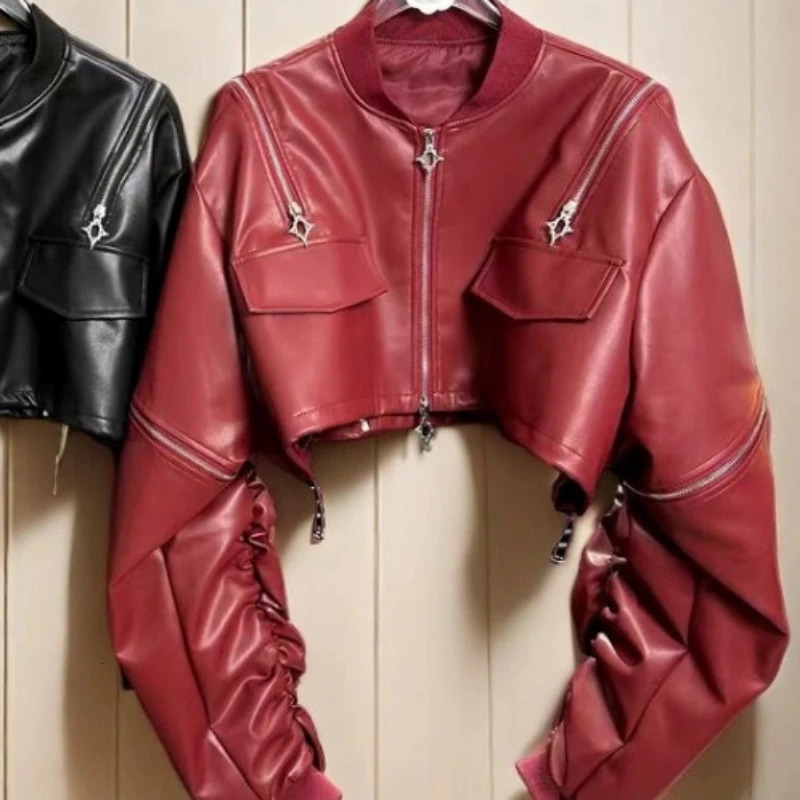 Y2k Aesthetic PU Leather Jacket Womens Streetwear Pleated Grunge Solid Jackets Loose Harajuku Zipper Female Punk Crop Coat 250811