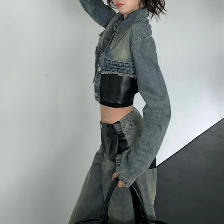 Fashionable Suit Retro Leather Splicing Denim Long Sleeveds Jackets Simple Casual Y2K Womens Street Wide Leg Jeans Two Piece Set 250808