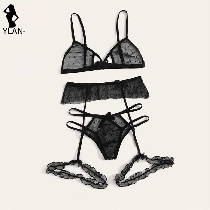 Bra set Women Sexy Mesh Lingerie Set Polka Dot Transparent Harness Lingerie Hollow Out Bralette+Garter+Thong 3pcs Underwear SetXJ250812
