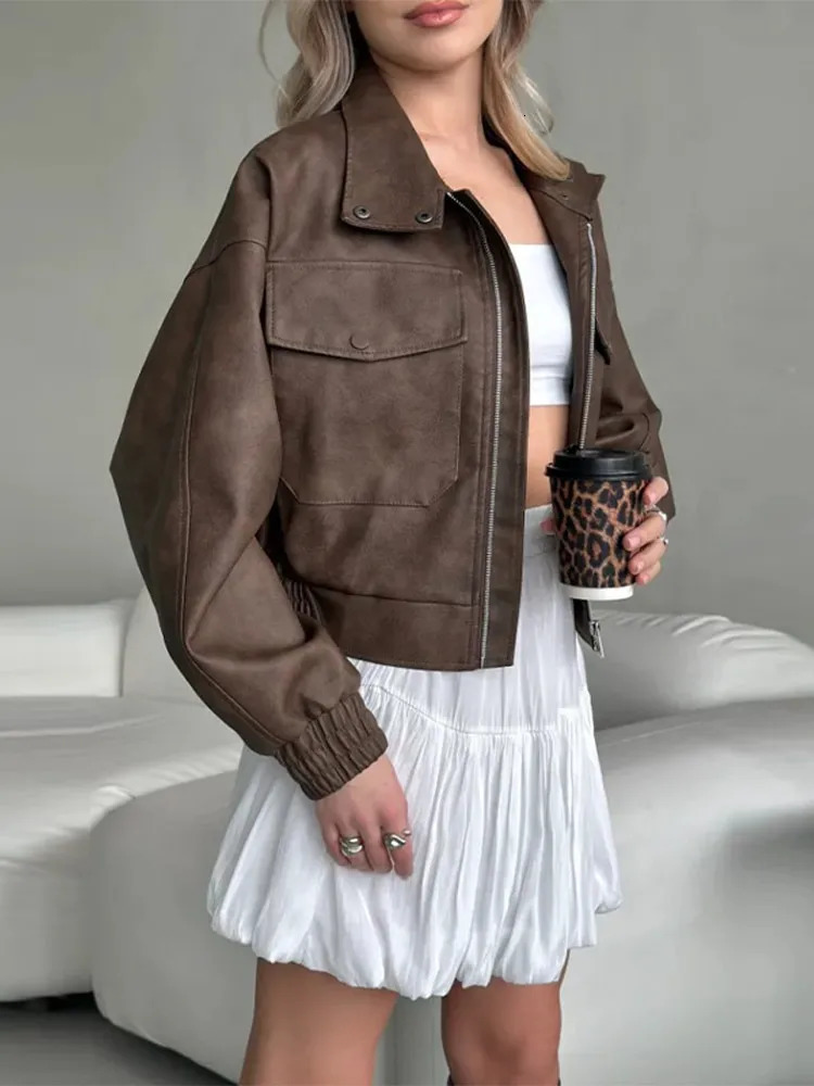 PU Leather Zipper Short Jacket Women Lapel Long Sleeve Loose Pocket Street Coat 2025 Autumn Motorcycle Female Bomber Outwear 250811