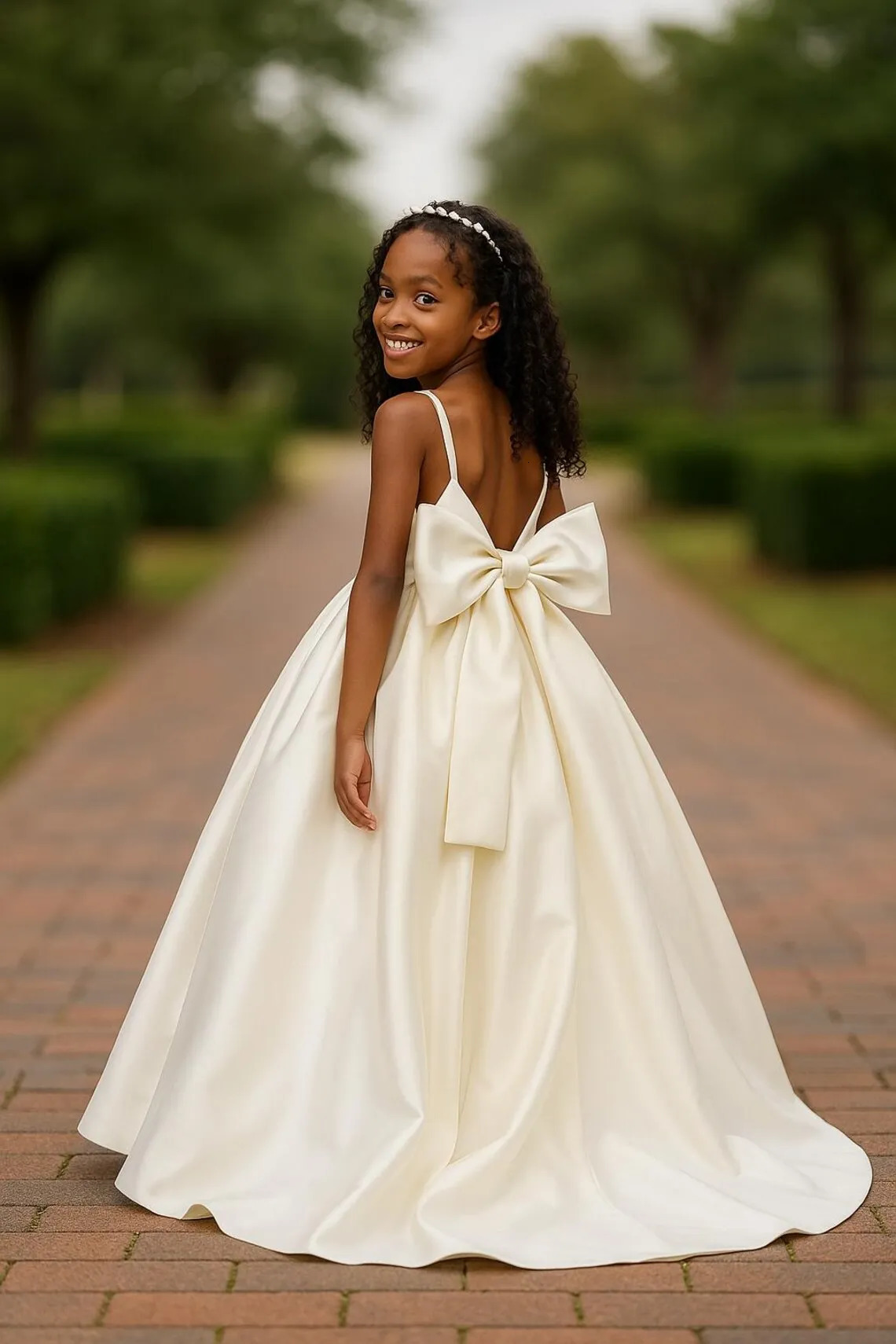 Long Ivory Satin Flower Girl Dresses for Wedding Bow Party Birthday Princess Dress Junior Bridesmaid First Holy Communion Gowns 250811
