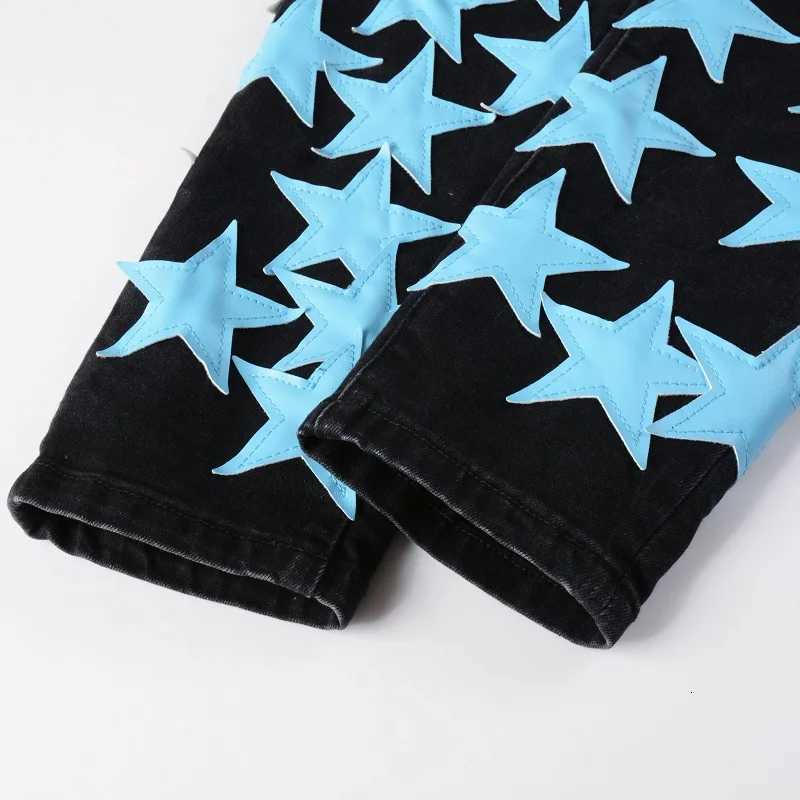 Men Sky Blue Leather Stars Patches Jeans Streetwear Black Stretch Denim Skinny Tapered Pants with Holes Ripped Trousers X250812