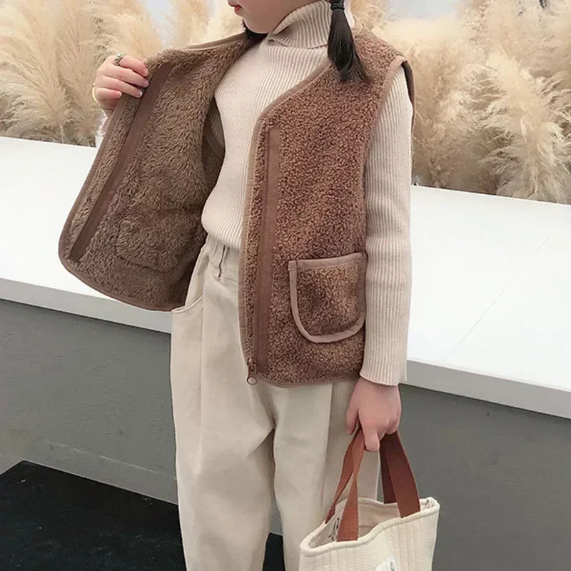 Autumn Winter Baby Lamb Wool Warm Waistcoat Girls Boys Plush Vest Single Breasted Double Layer Child Warm Fashion Warm Coat 250811