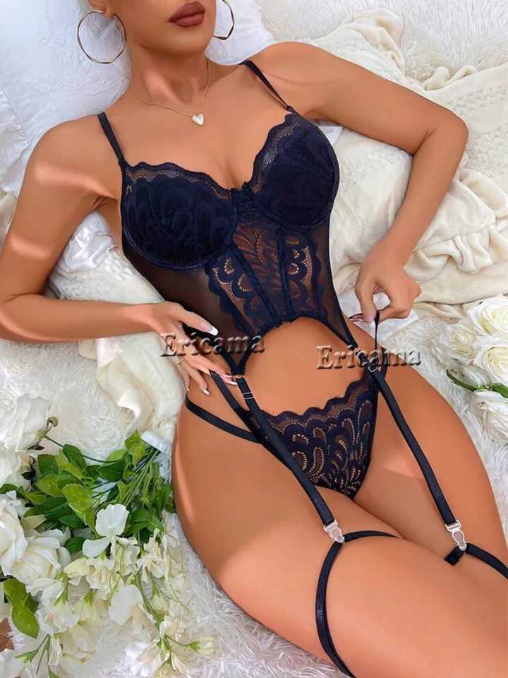 Floral Lace Garter Lingerie Set With Choker Women Intimates 2024 Underwire Bra And Thongs Ladies Underwear SetXJ250812