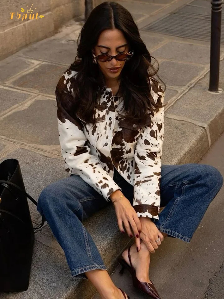 Cow Printed Flax Jacket Women Short Length Button Front Collared Neckline Coat 2025 Autumn Street Fashion Lady Outerwear 250811