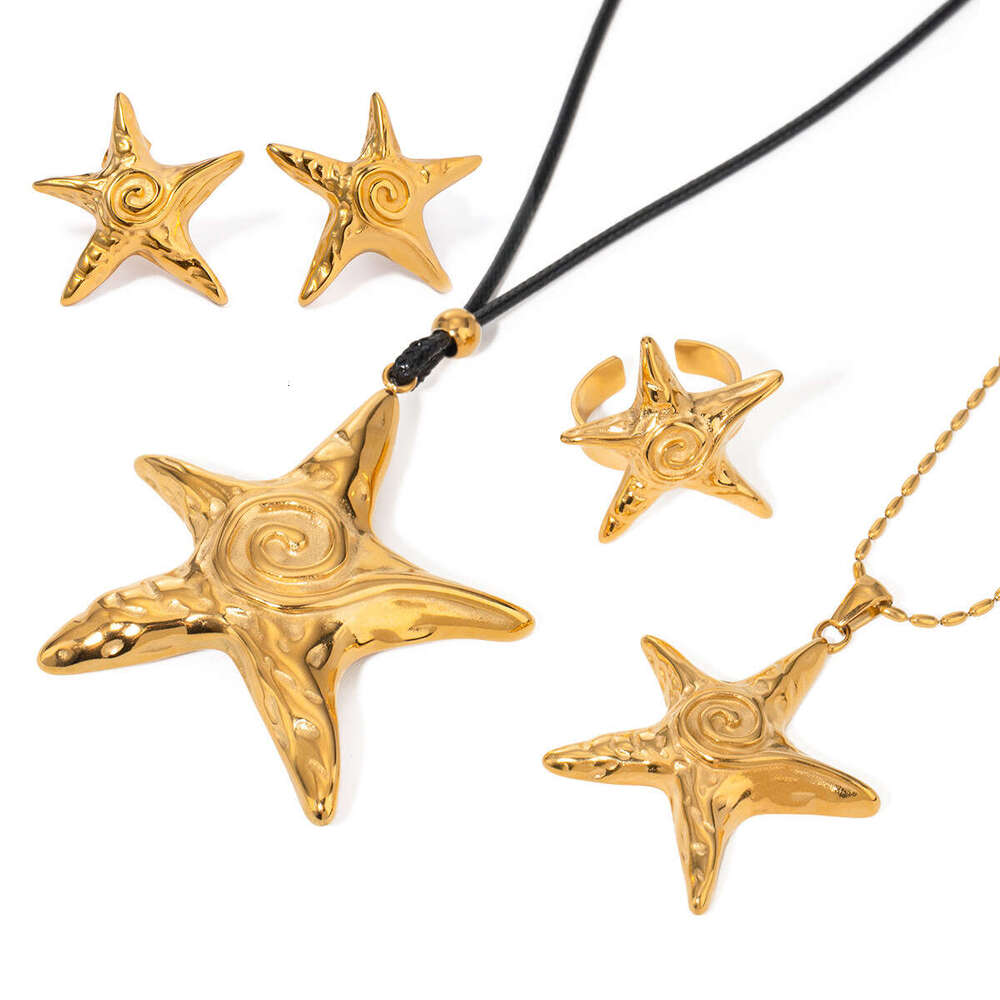 INS Gold Stainless Steel Five-Pointed Star Swirl Spiral Hoop Earrs Fashion Designer Same Jewelry Style Starfish Necklace