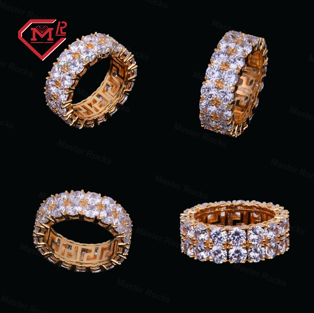 Shining Couples Iced Out Ring Two Rows Tennis Edition 925 Silver Moissanite Mens Ring