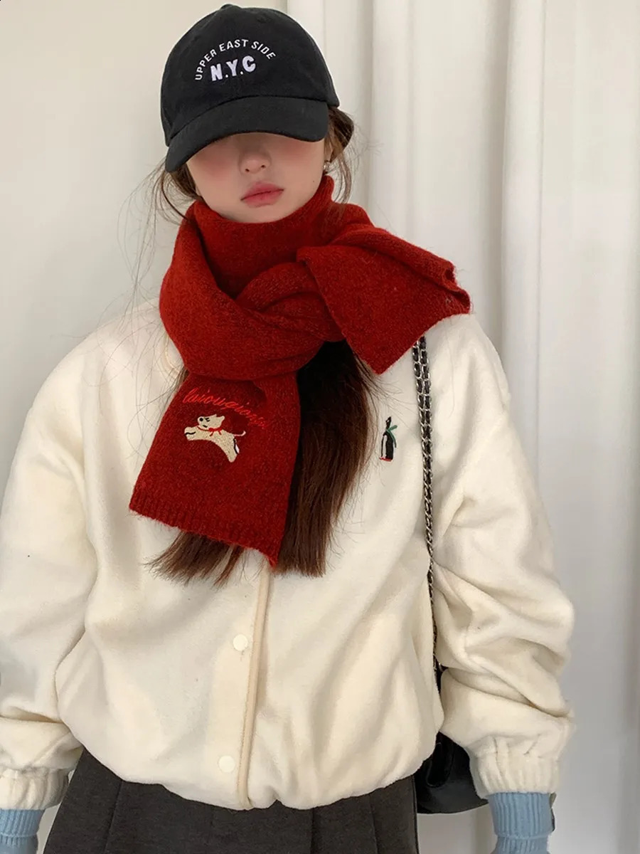Cute Little Dog Embroidery Knitted Scarf With Wool For Women To Keep Warm In Autumn And Winter Versatile Neck Warmer 250812