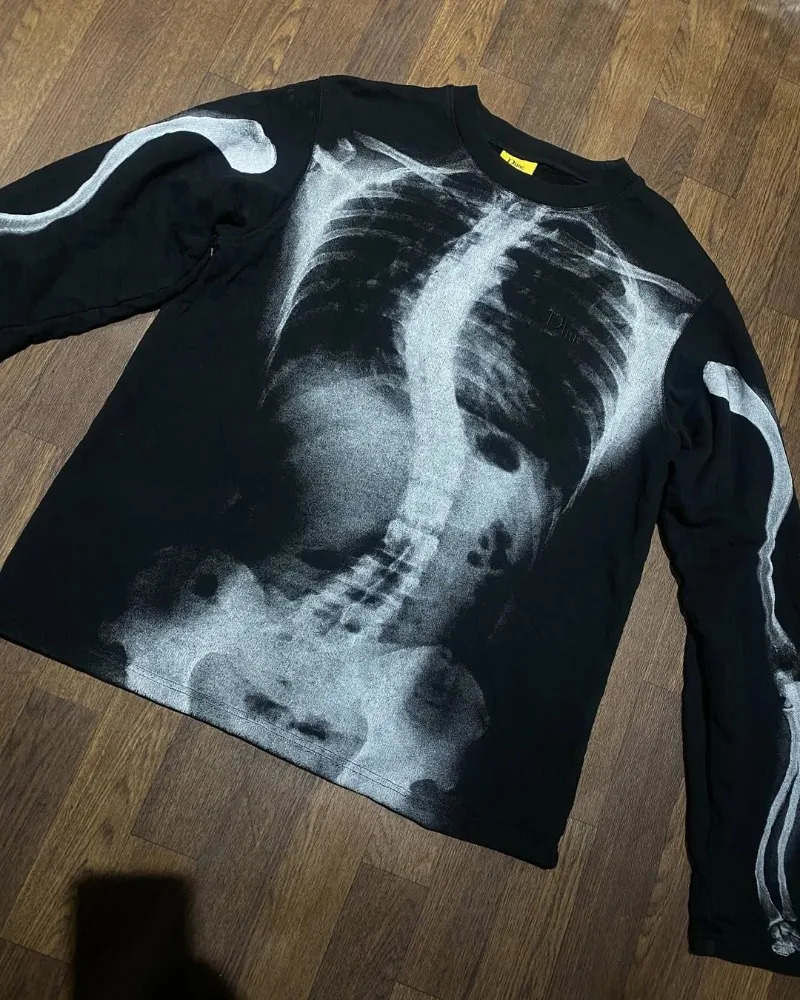 Loose and Fashionable Casual Skull Print Long-sleeved T-shirt Men Y2k Harajuku Retro Pure Cotton Round Neck Oversized Top Women 250811