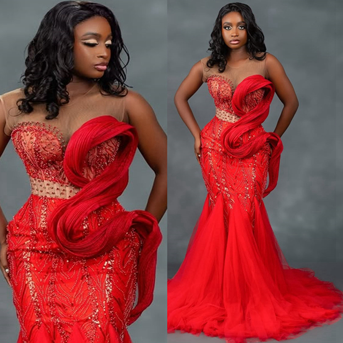 Mermaid Red Aso Ebi Prom Dress 2025 Evening Dresses For Special Occasions Sheer Neck Beaded Lace Flora Birthday Dress Second Reception Gown AM2095