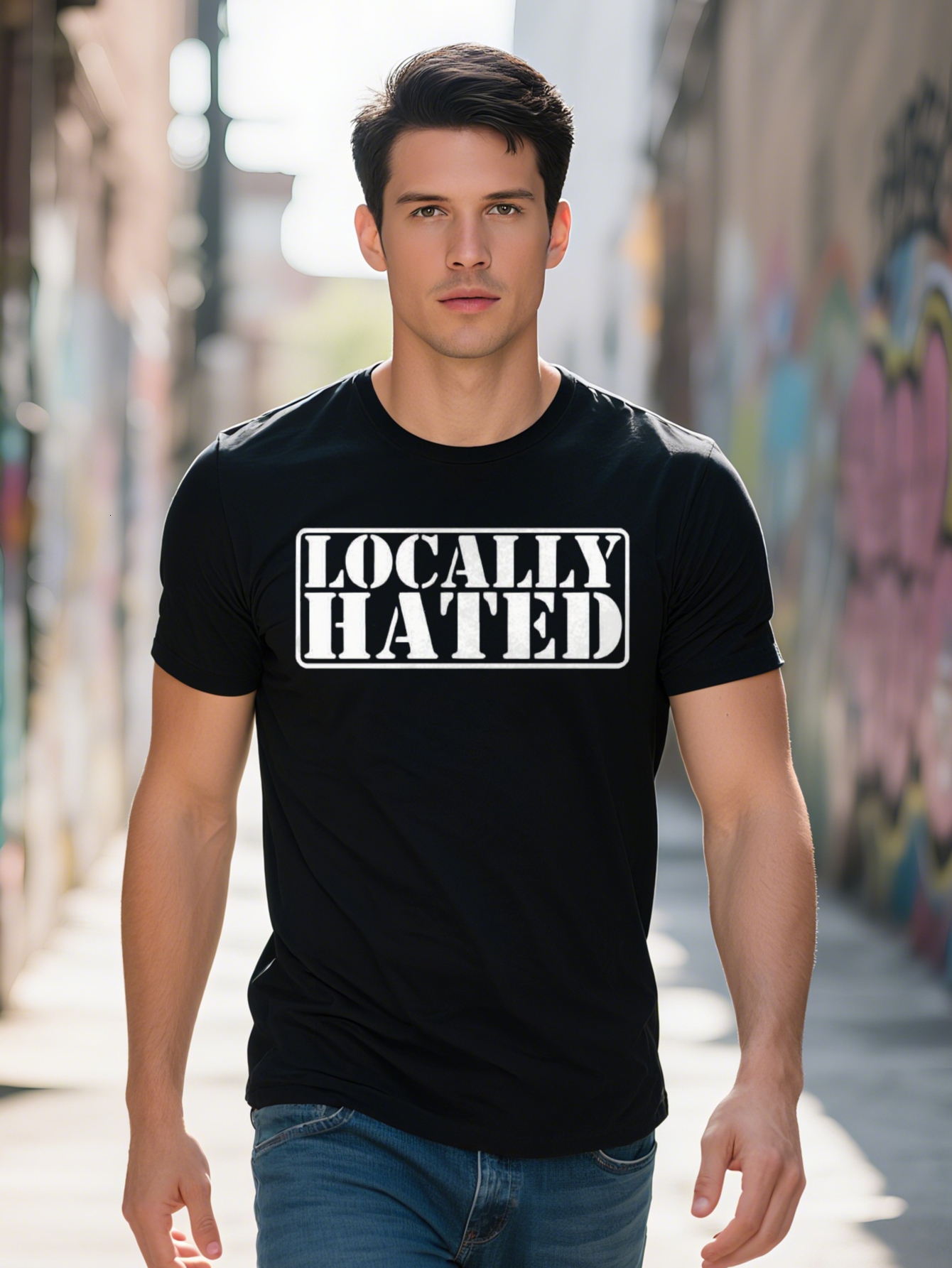 Cotton Locally Hated Men's Graphic T-Shirt Black with Bold White Print Comfortable Casual Short Sleeve Tee
