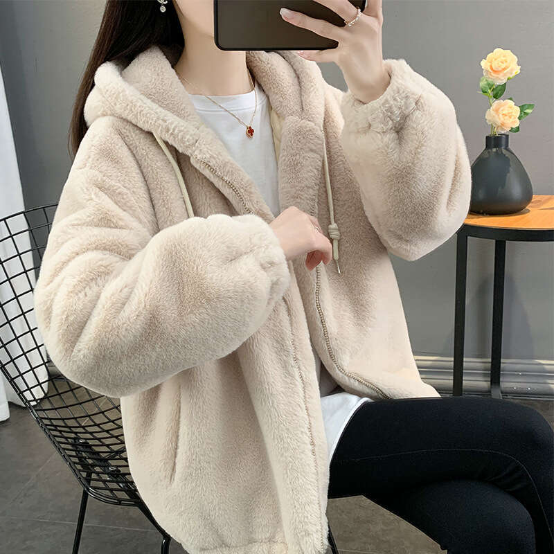 Imitation Lazy Rabbit Fur Fur Women's Medium to Long Loose Thick Lamb Fur Coat Hooded Fur Plush Coat