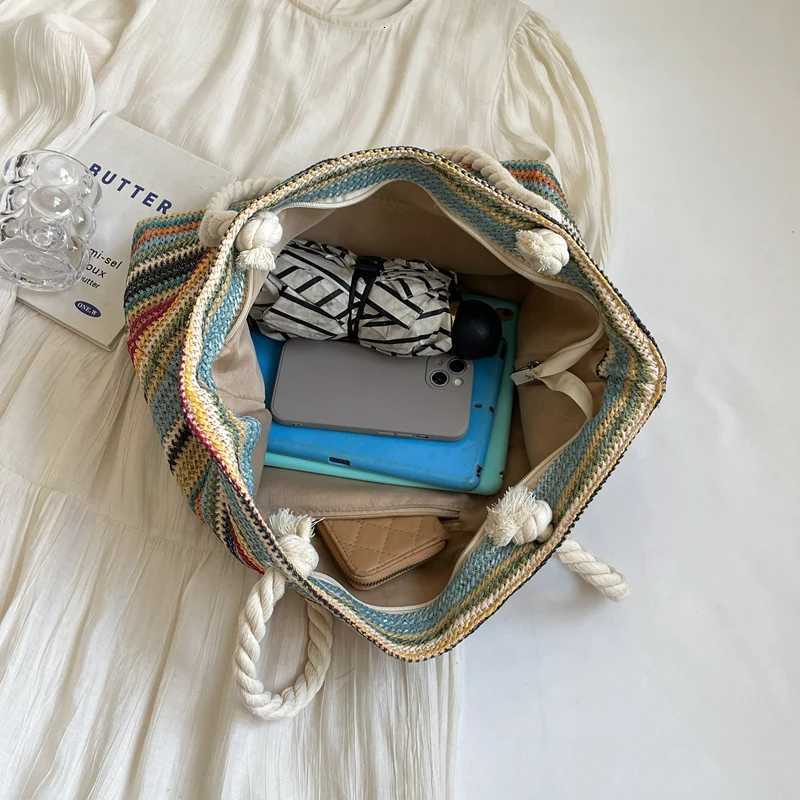 Straw Fabric Woven Design Women Tote Bags Rainbow Color Large Capacity Summer Beach Shoulder Shopper Bag Casual Commute Handbags Z250812