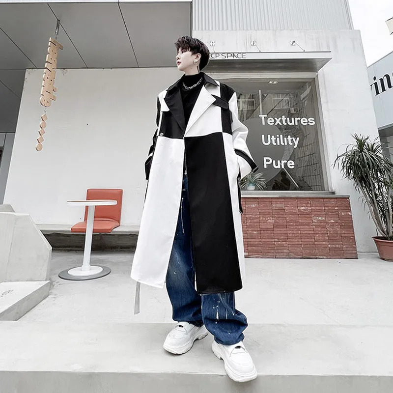 Mens Net Celebrity Streetwear Fashion Black White Splice Loose Casual Long Jacket Windbreaker Trench Coat Male Stage Clothing 250805