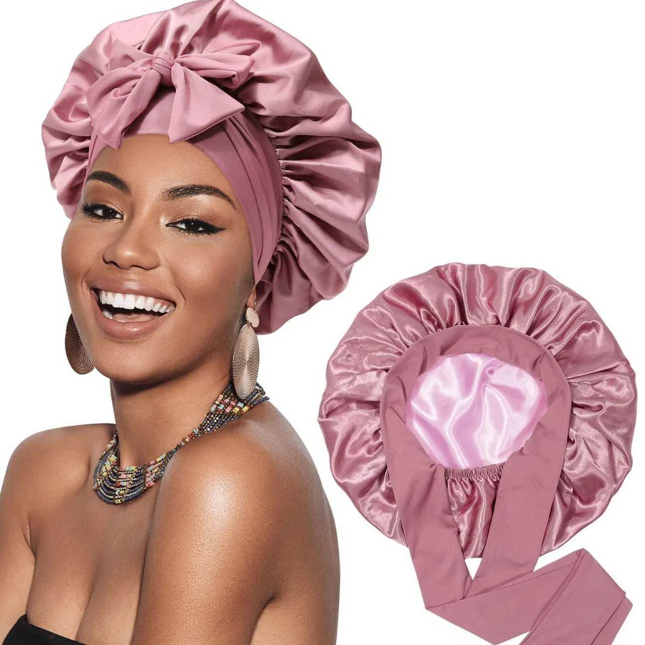 New Satin Double Layer Bonnet Solid Wide Tie Band Stretch Head Silky Bonnet Edge Wrap Nightcap Hair Care Shower Bonnet for Women XJ250812
