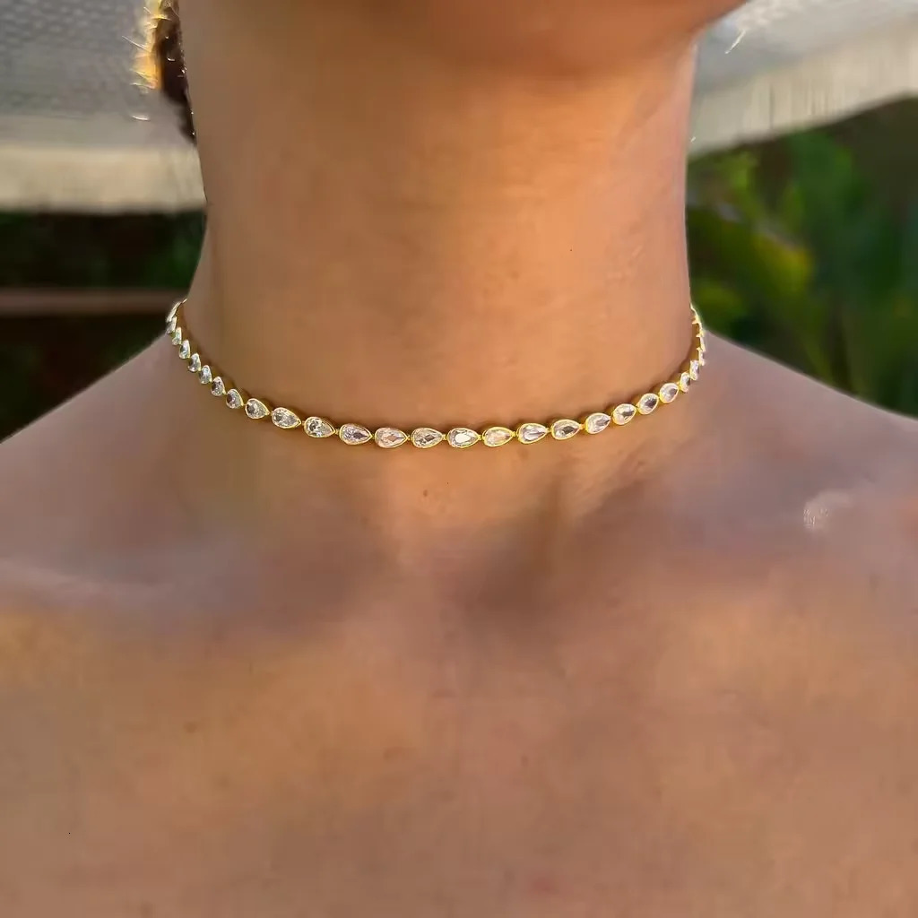 White Green Tear Drop Cubic Zirconia Bezel Set Tennis Chain Gold Color Fashion Women Choker Necklace 250807
