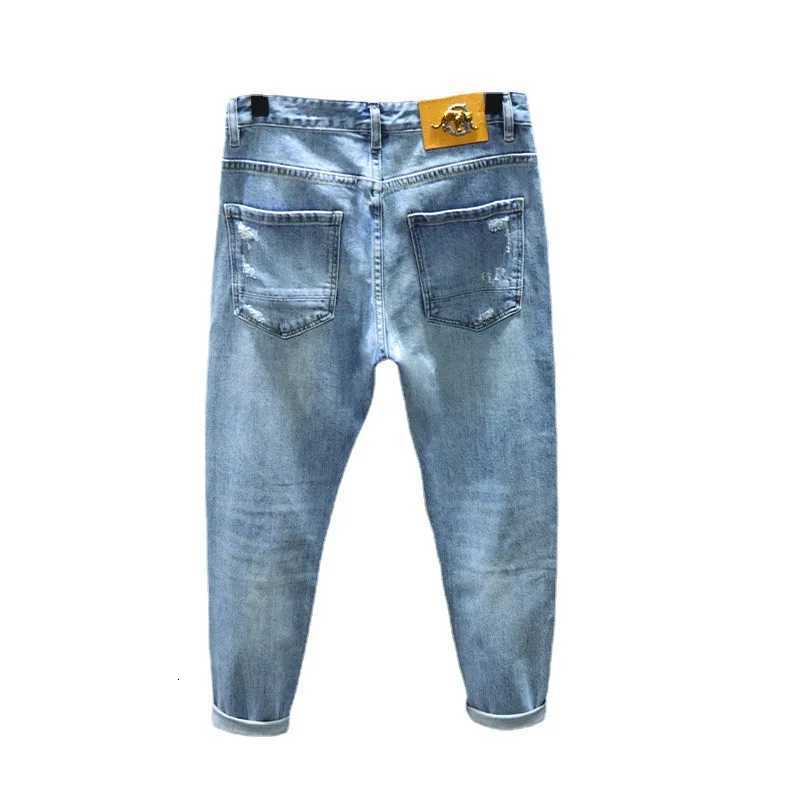 Spring New Blue Ripped Hole Jeans Mens Elastic Slim Stitching Patch Korean Fashion Mens Clothing Denim Trousers Streetwear X250812