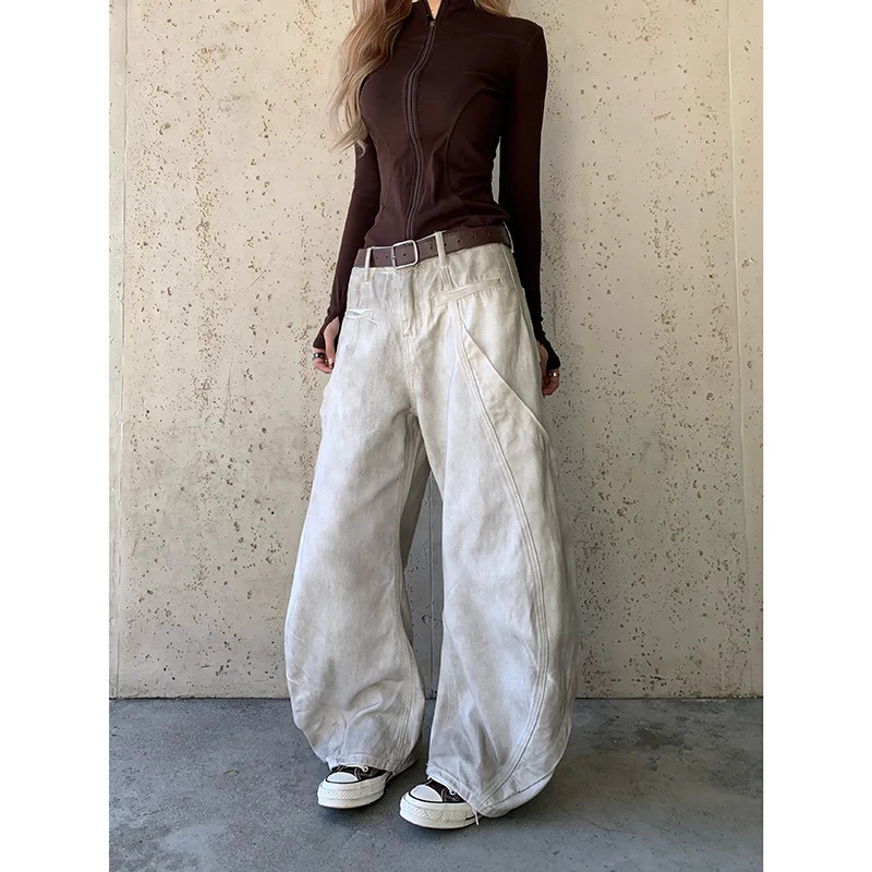 American Retro 2000s High Waist Full Length Jeans Pockets Hip-hop Baggy Cargo Pants Women Casual Y2K Grunge Street Denim Trouser 250811