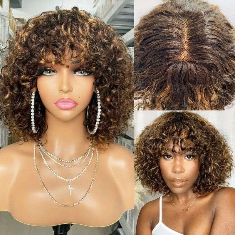 14 Inch Water Ripple Hine-Made With Bangs 180% Density Glue-Free Lace Rose Mesh Human Hair Curly Wig Head Cover For Women