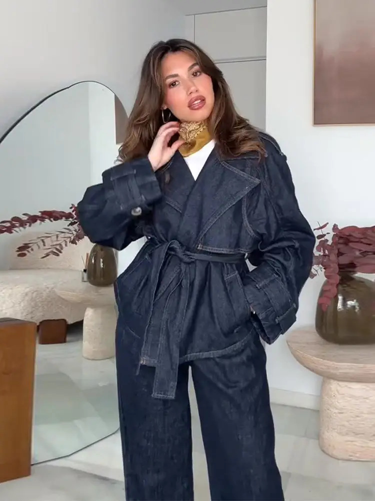 Spring Denim Two Piece Set Vintage Lace Up Turn-down Collar Full Sleeve Jacket High Waist Long Trousers Retro Lady Suit 250806