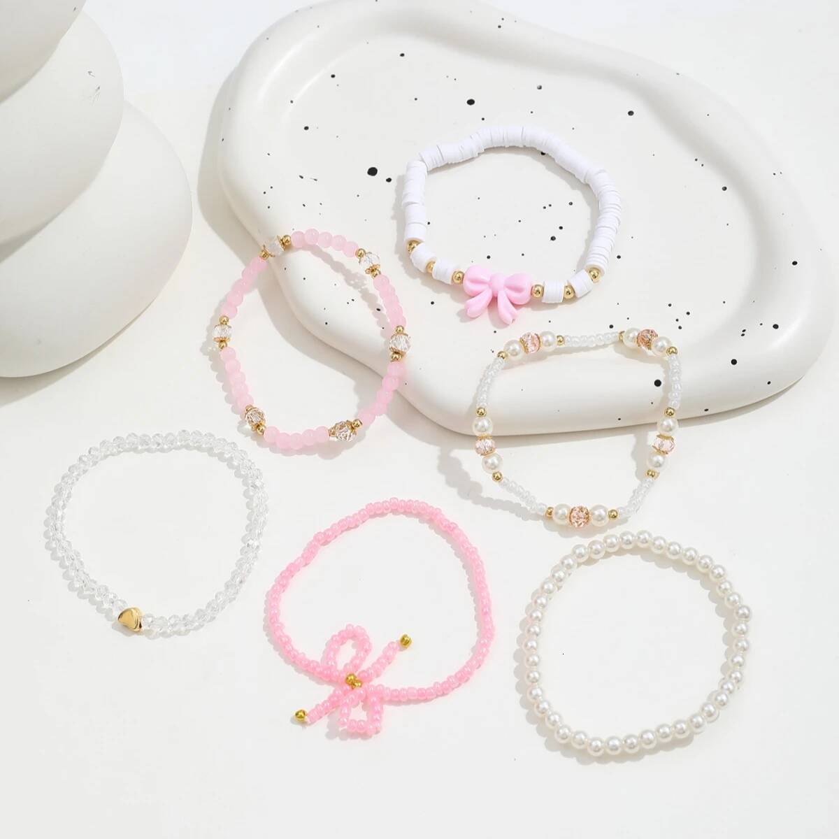 6Pcs/Set European and American Cute Pearl Love Beaded Bow Bracelets Set For Women Simple Design Sweet Jewelry Gifts
