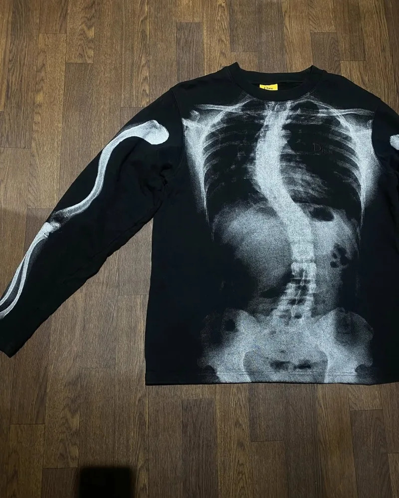 Loose and Fashionable Casual Skull Print Long-sleeved T-shirt Men Y2k Harajuku Retro Pure Cotton Round Neck Oversized Top Women 250811