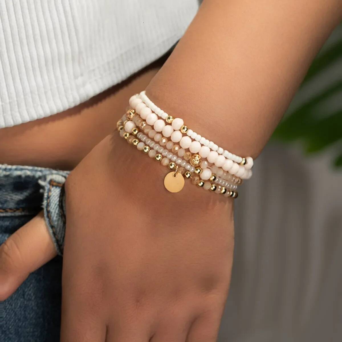 5Pcs Fashion Resin Beaded Bracelet Set For Women Round Piece Charm Elastic Bead Chain Bangle Wrist Strap Female Vacation Jewelry