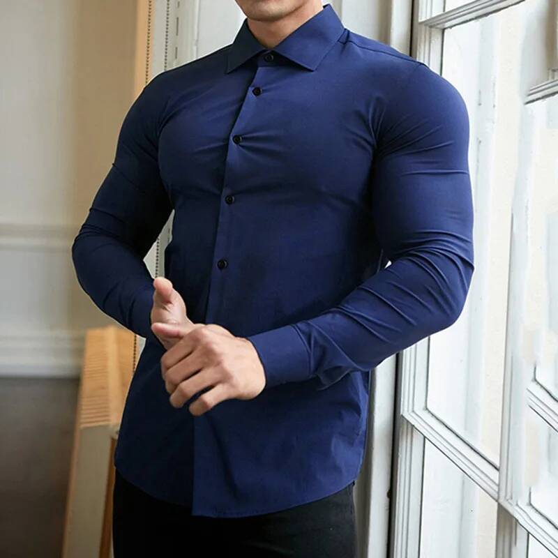 Spring Autumn Men's Fashion Casual Shirt Long Sleeve Solid Color Slim Fit Business Dress Shirts Male Fiess Sports Blouse Tops ddmymarket