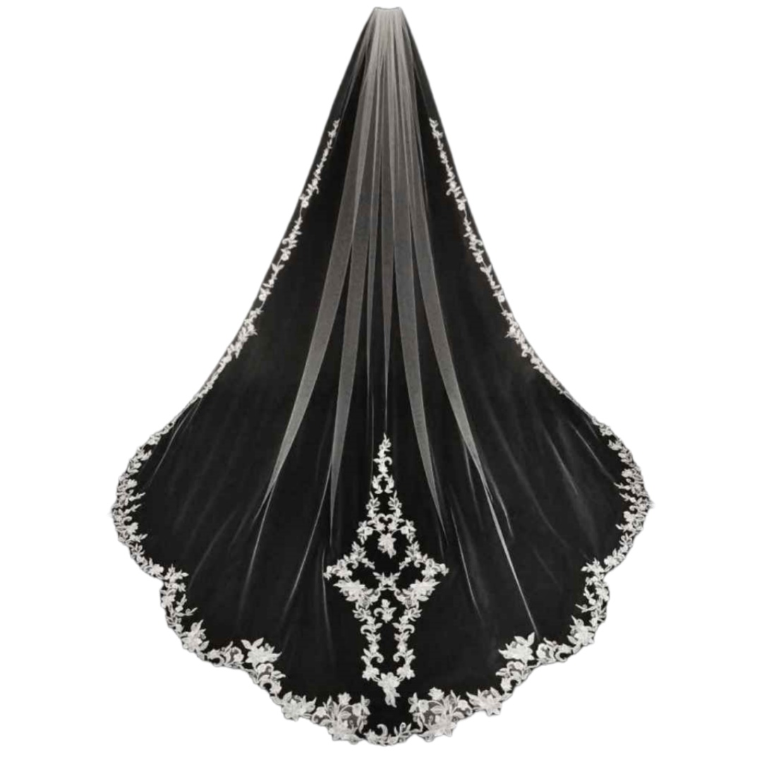 Real Image Cheap Chic Wedding Veils Three Meters Long Veils Lace Applique Lace One Layers Cathedral Length Bridal Veil