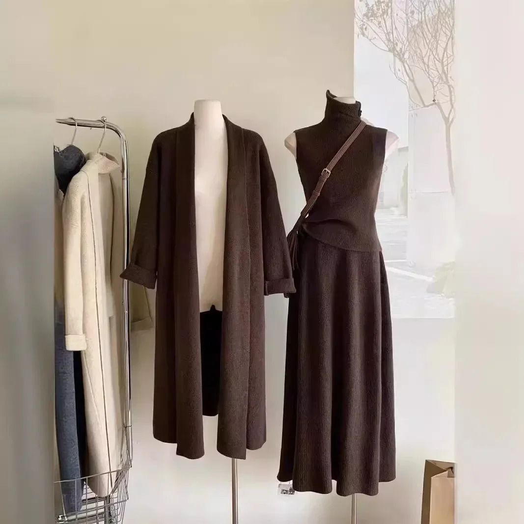 Three Piece Sets Women Long Sweater Vest Jumper Dress Kintted Spring Autumn Winter Crochet Cardigan Y2k High Waist Skirt 250811