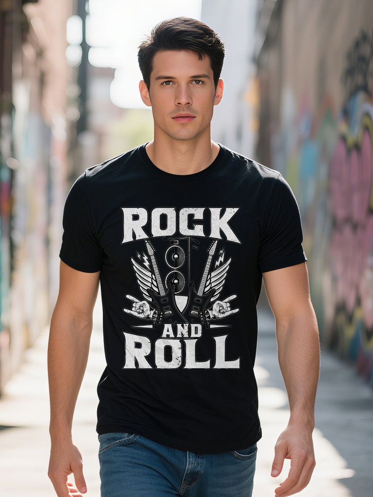 S Casual Round Neck T-Shirt with Vintage Band Print Design a Great Gift for Men