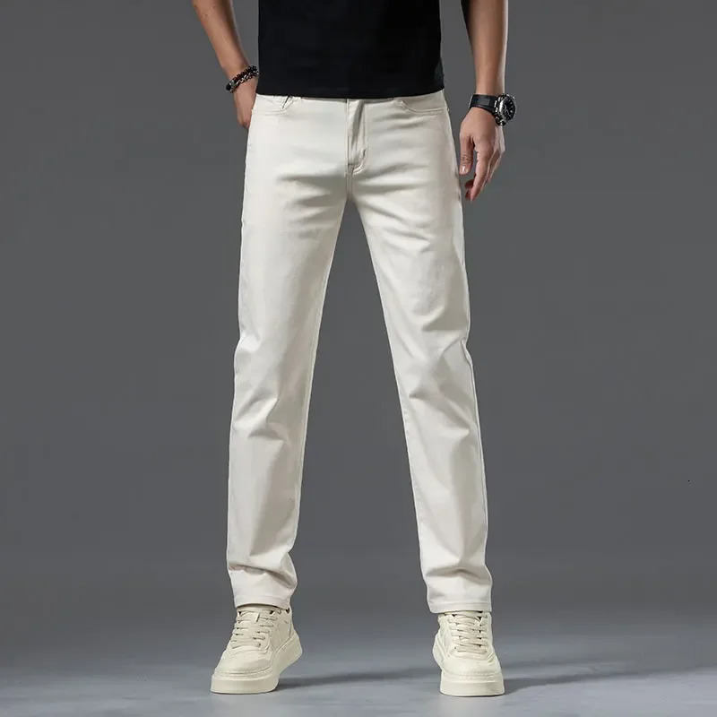 2024 Summer Thin Mens Straight Denim Cotton Stretch Creamywhite Jeans Classic Business Pants Fashion Trousers Male 250801