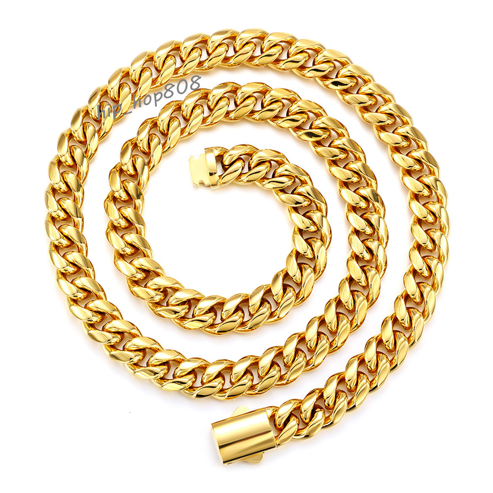 Classic High Polish Heavy Mens Hiphop Stainless Steel Chunky Maimi Curb Cuban Link Chain Men 18k Gold Plated Necklace