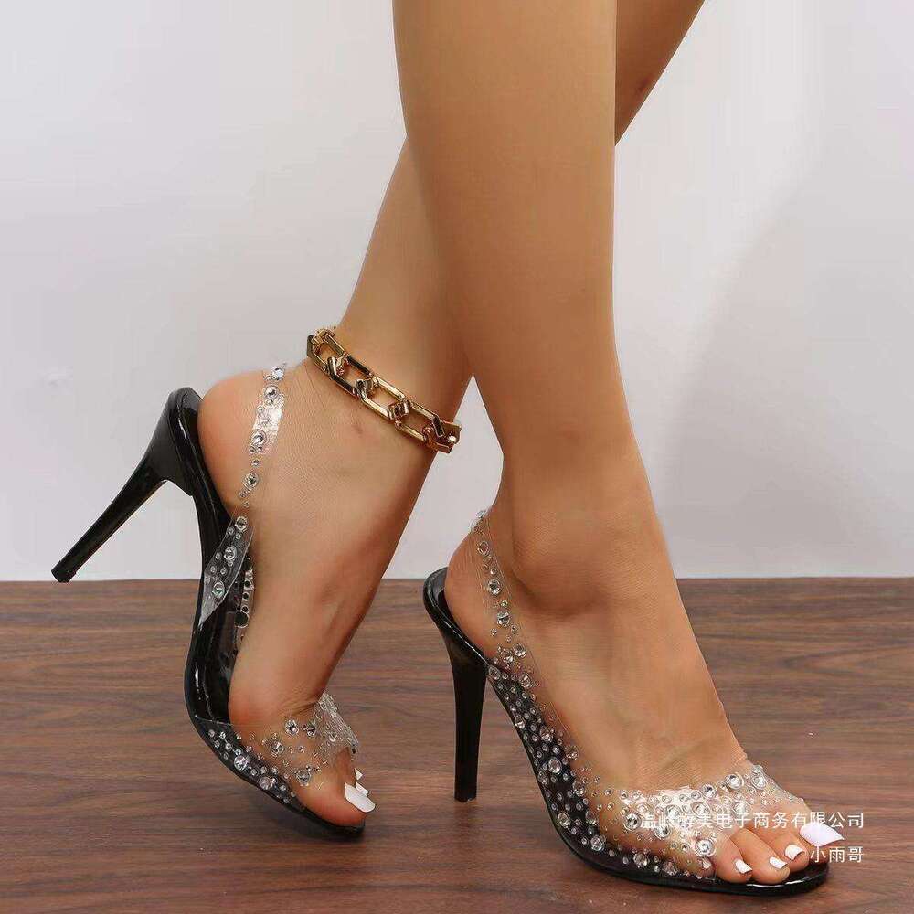 Designer Plus shoe Size Rhinestone High Heel Open Sandals for Women Designer Pointed Back Strap Crystal Peep Toe Fashion Shoes
