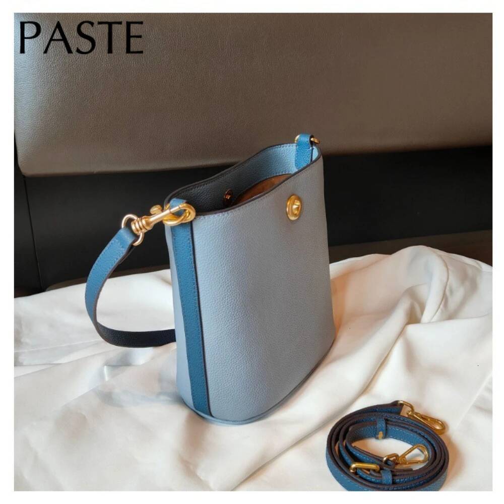 Fashion Brand Designer Lock Bucket Tote Small Real Cow Leather Women Crossbody Shoulder Bag Pink Blue Summer Daily Handbag high-quality