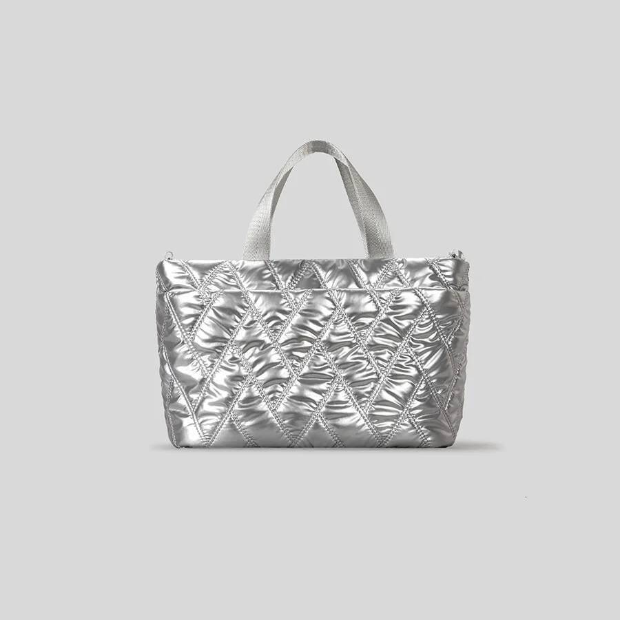 Casual Sier Lingge Quilted Padded Small Tote Bag Soft Nylon Puffer Women Handbag Trend Wide Strap Shoulder Crossbody Bags 2025