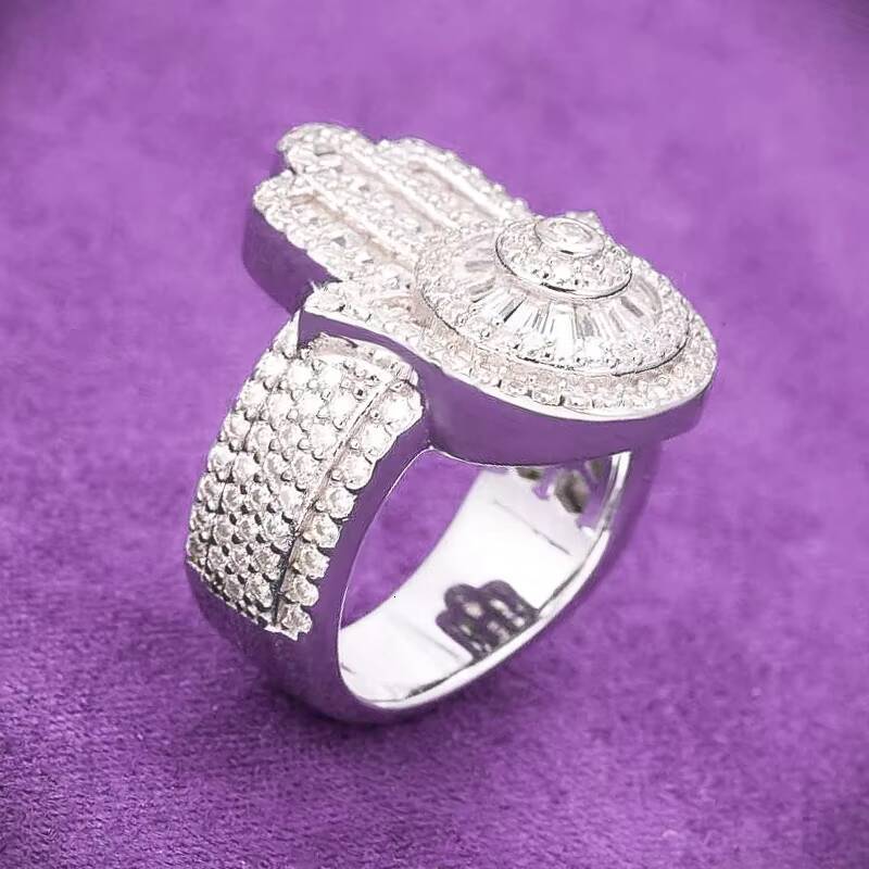 Pass Diamond Tester Hip Hop Bling D Color Moissanite Iced Out Mens Baguette Hamsa Hand Ring With 925 Sterling Silver GRA