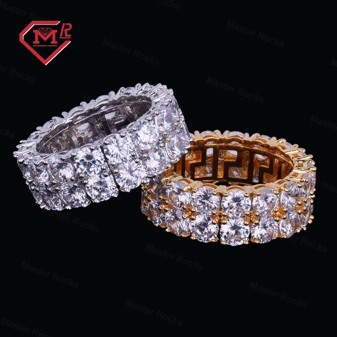 Shining Couples Iced Out Ring Two Rows Tennis Edition 925 Silver Moissanite Mens Ring