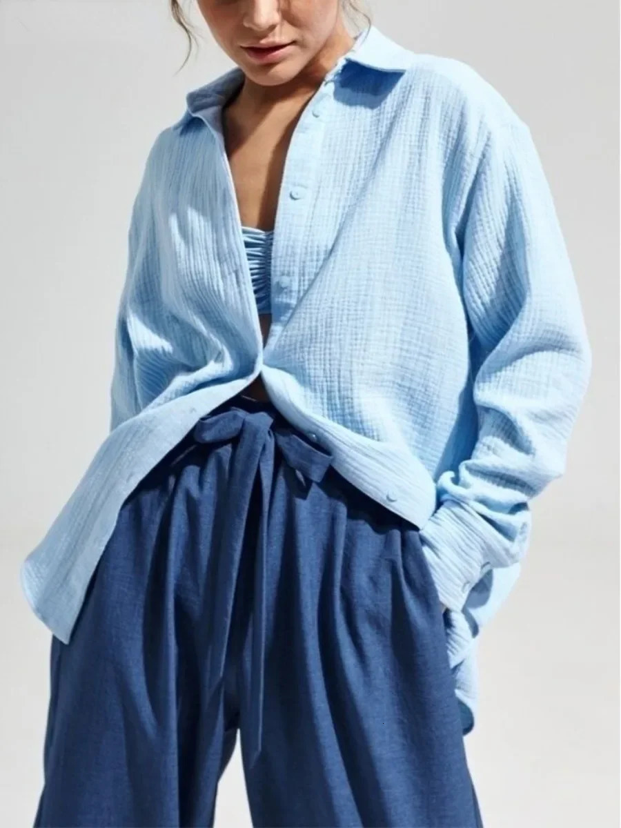 Wolfeel Womens Spring Summer 100% Cotton Shirts Office Lady Fashionable Solid Lady Long Sleeve Loose Tops Crepe Shirts 250811