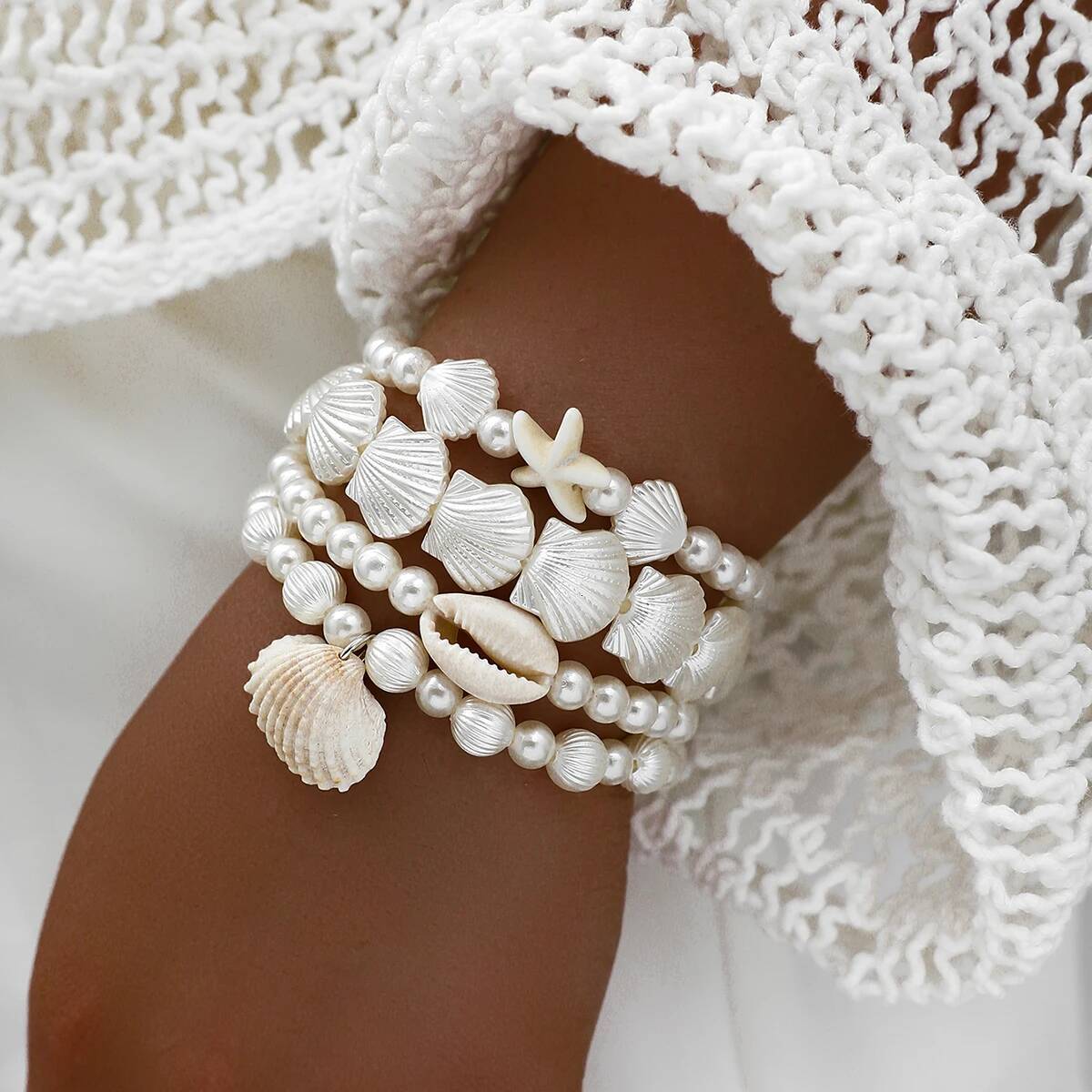 4pcs/set Bohemian Holiday Wind Shell Beaded Starfish Rice Beads Pearl Bracelets Set For Women Beach Jewelry Gifts