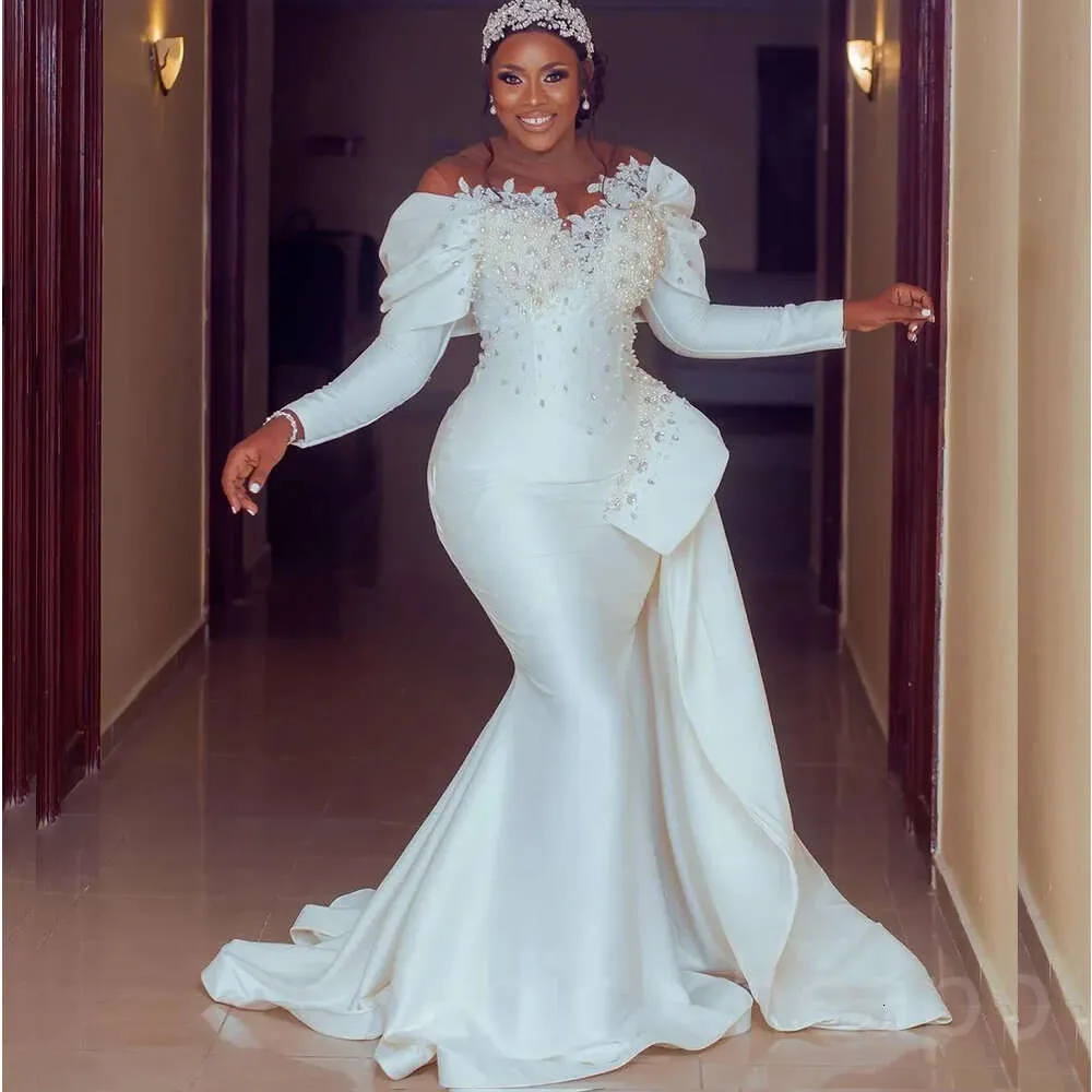 Elegant Mermaid Wedding Dresses Crystals Pearls Beaded Appliques Lace White Satin Bridal Gown Long Sleeves Off Shoulder African Black Girls Formal Dre