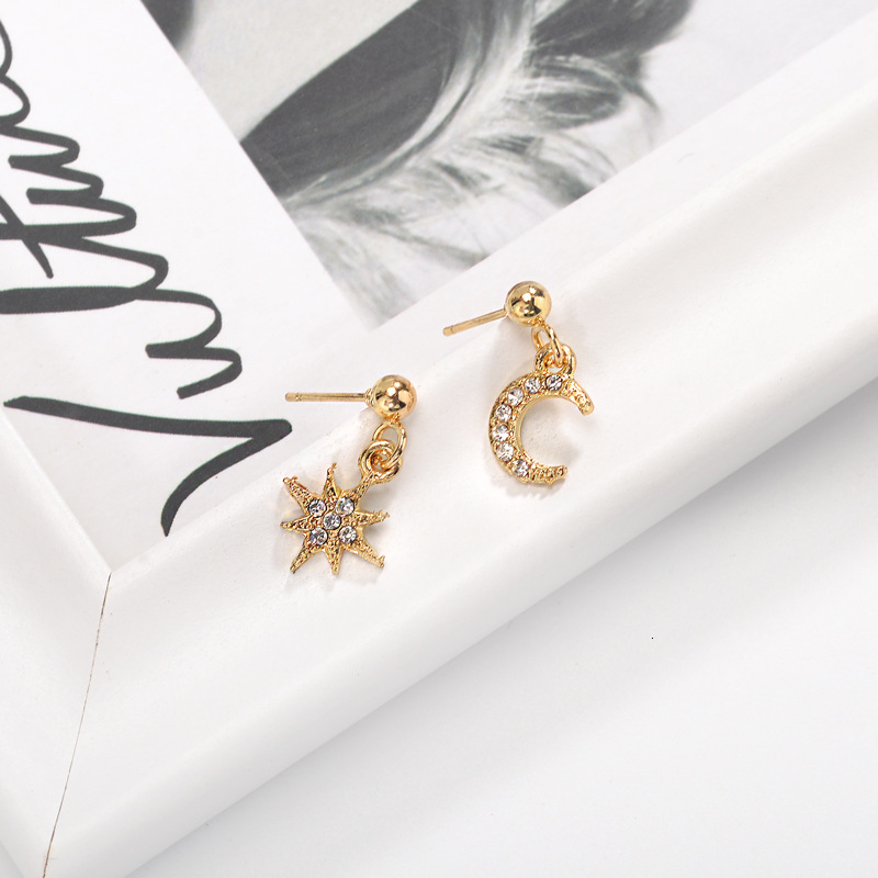 INS Asymmetric Two-Pair Fashion Star Moon Long Earrings Accessories