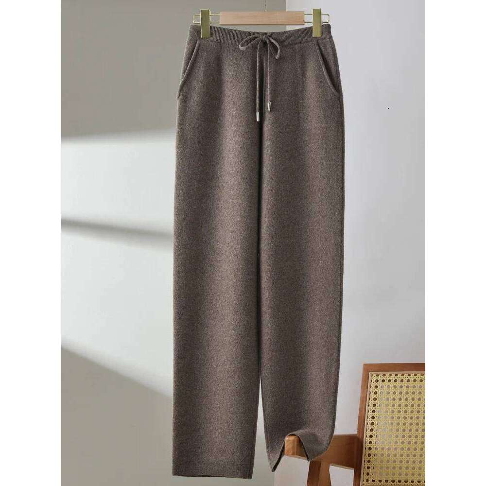 100% Pure Wool Small Leg Pants Kintted Autumn Winter Women's Fashionable Casual Versatile Thick Solid Color Pocket Cashmere Pant 20250811