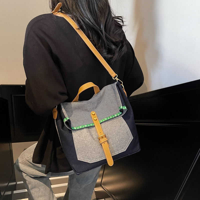 Denim for Women New Color-Block Fashion Versatile Shoulder Large Capacity Commuter Crossbody Tote Bag