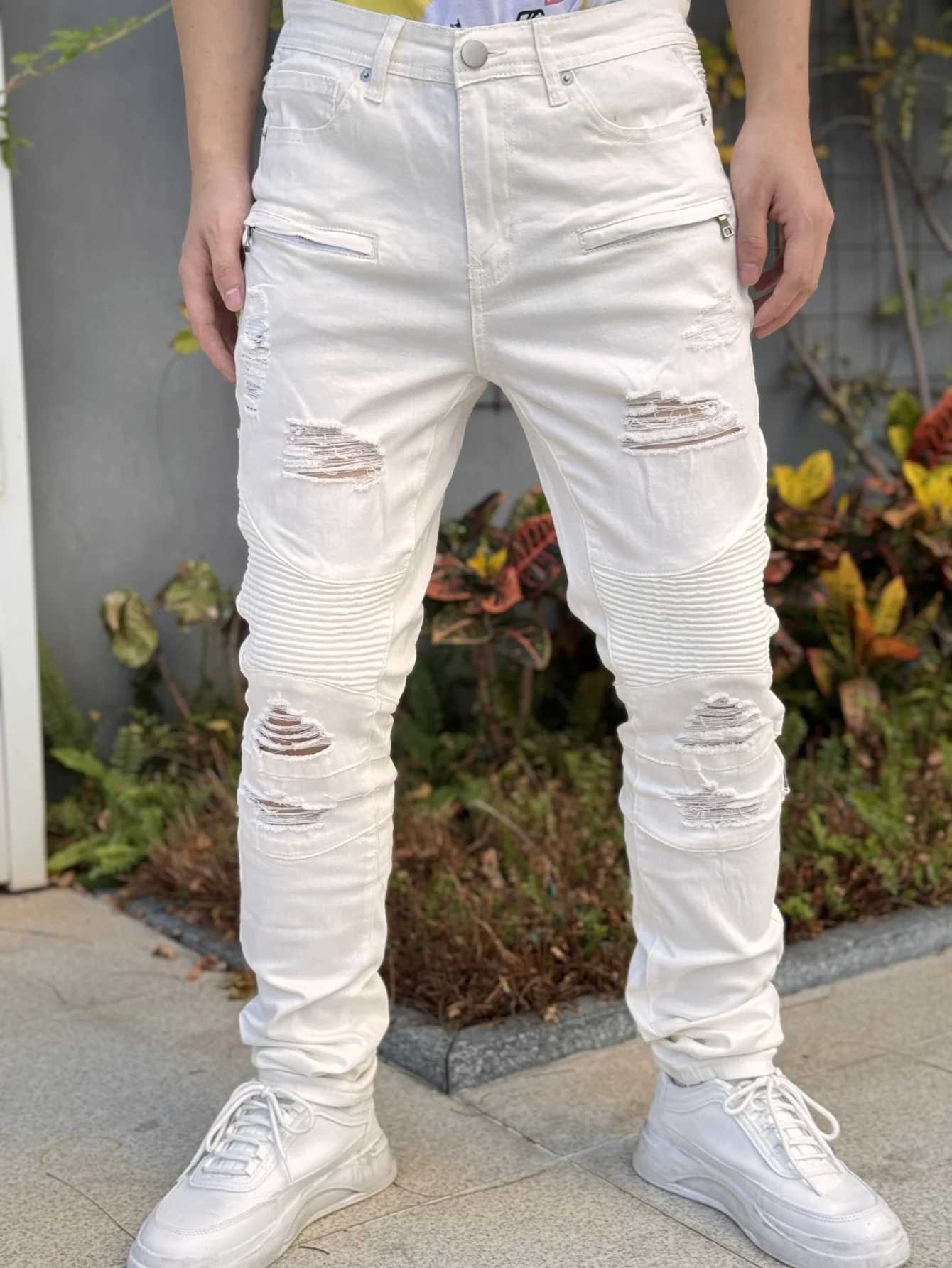 Fashionable Mens Jeans Cool and Stylish Hip Hop Style Casual Pants White Cotton Blend Fabric Breathable and Comfortable X250812