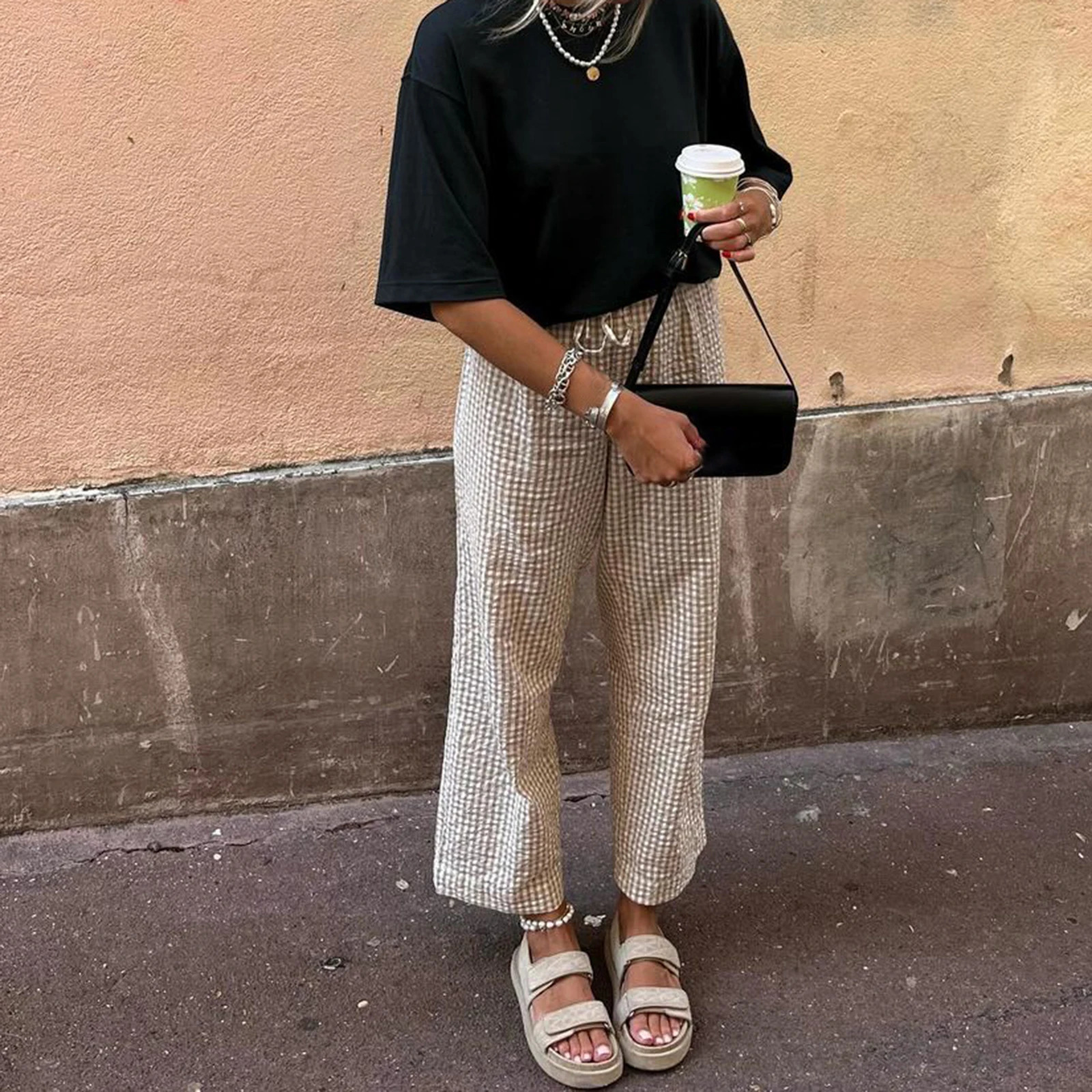 Women Y2K Aesthetic Gingham Print Pants Elastic Waist Dreawstring Wide Leg Trousers Checkered Casual Lounge Pants with Pockets 250811