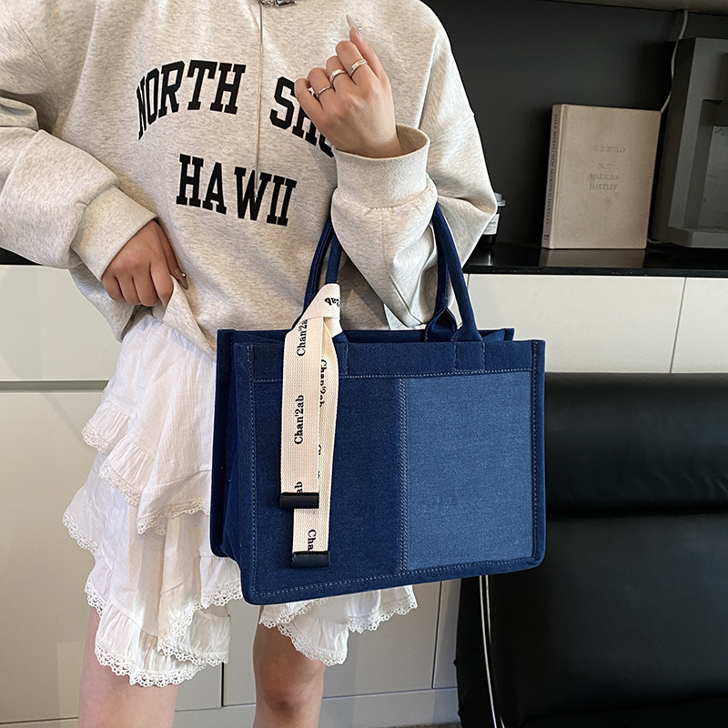 Denim Women New Fashion Patchwork Color Block Shoulder Large Capacity Casual Commuter Tote Bag