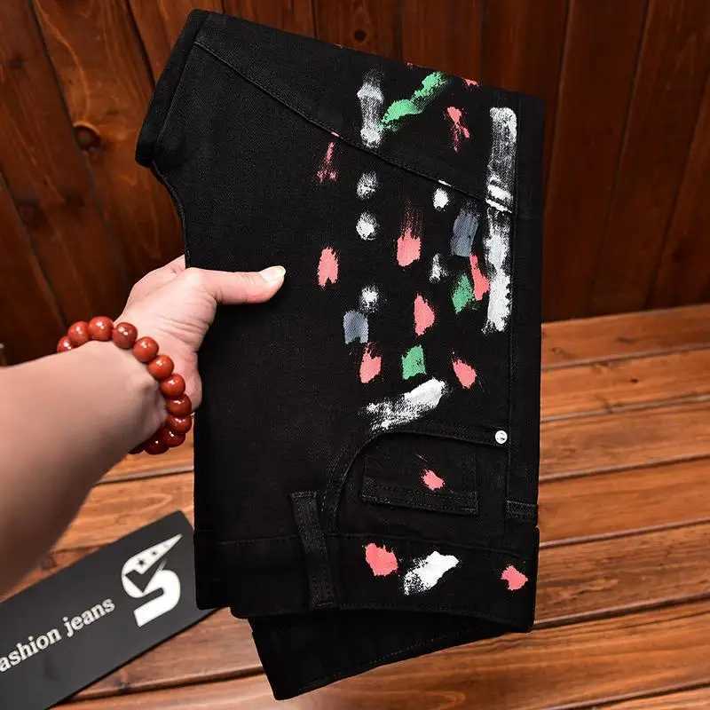 High-end Street Fashion Trendy Brand Mens Slim Fit Ink-splashed Printed Zipper Black Motorcycle Jeans X250812